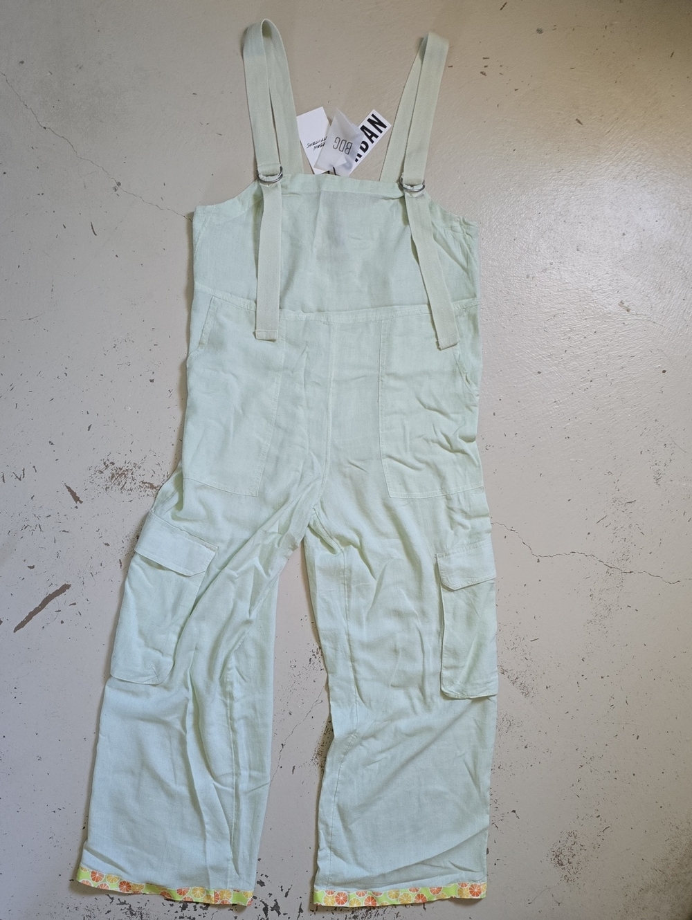 BDG Tilly Linen Utility Cargo Overalls Light Green Size Small Fruit Hem NWT